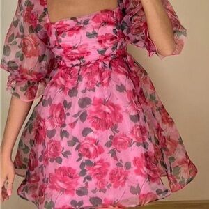 Thirty thirty Pink Floral Puff-Sleeve Mini teacup Dress